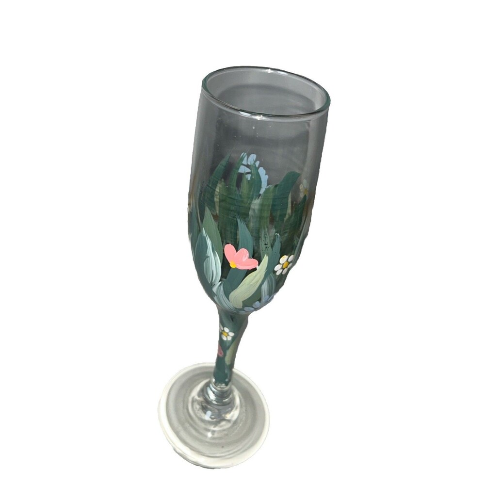 Unbranded Hand Painted Champagne Wine Glass Floral 8” Tall Glass Multicolor
